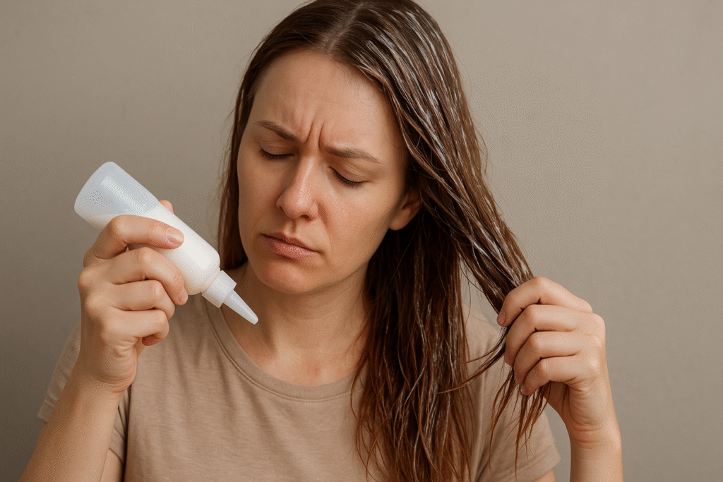 Obraz pokazujący osobę próbującą zmyć farbę z włosów