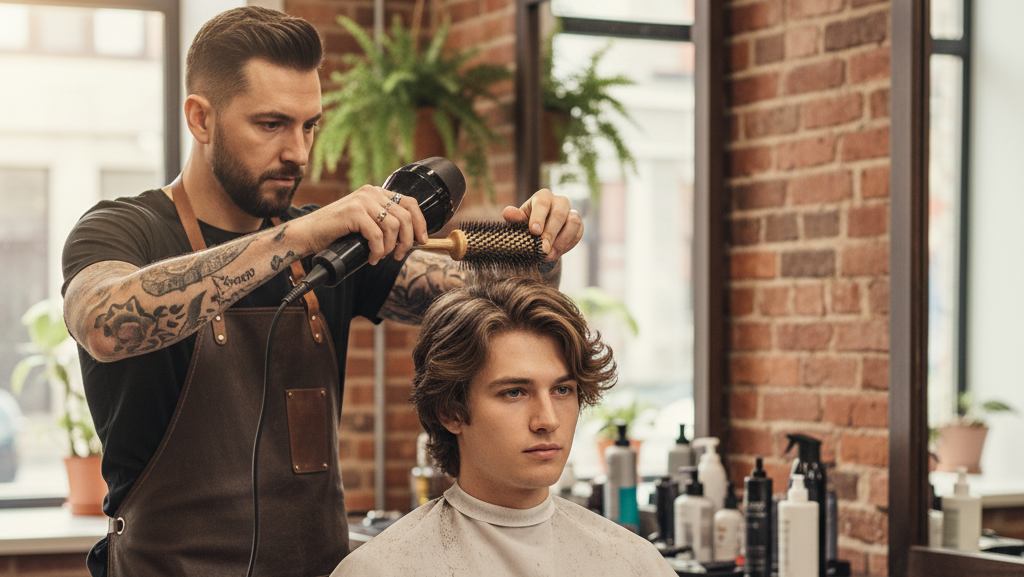 Obraz pokazujący fryzjer robiącego fryzurę fringe dla osoby męskiej