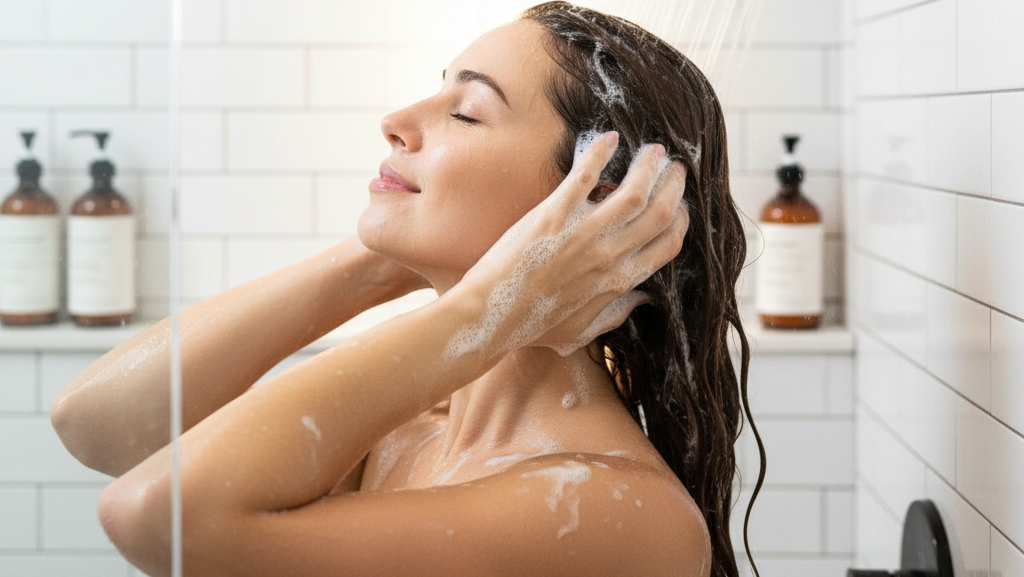 Obraz pokazuje jak osoba myje włosy