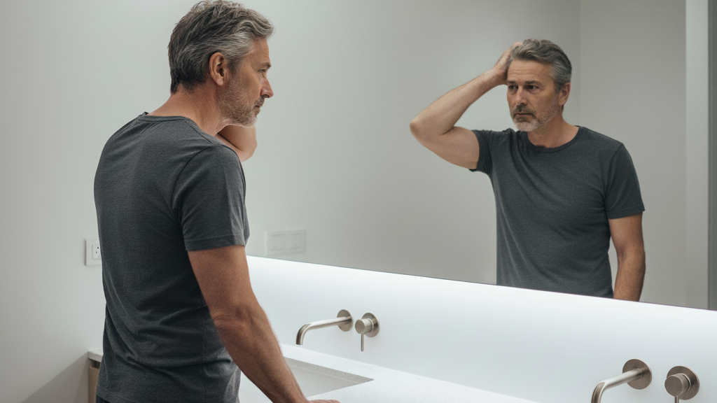 Obraz pokazujący mężczyznę w średnim wieku z siwiejącymi włosami patrzącego w lustro na jego włosy
